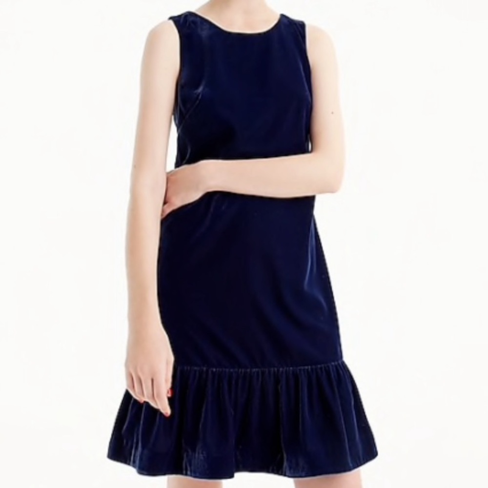 J crew blue velvet ruffle hem dress